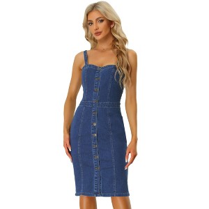 Allegra K Women's Button Down Sweetheart Neckline Sleeveless Summer Knee Length Denim Bodycon Sundress - 1 of 4