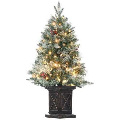 3ft Christmas Tree Pre-Lit Artificial Christmas Tree with Vintage Potted Base, Flocked Snow 70 Warm White LED Lights Red Berries