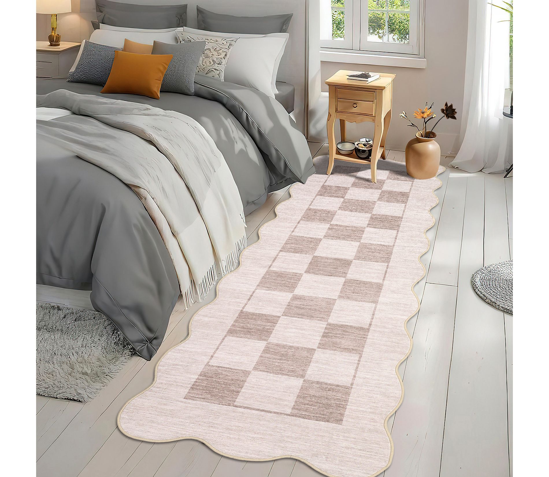Scalloped Checkered Area Rug, Modern Geometric Plaid Carpet for Living Room Bedroom, Non Slip Washable Farmhouse Floor Cover for Dining Room Office
