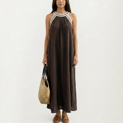 Женские платья Anna-Kaci Women's Sleeveless Halter Neck Maxi Dress with Contrast Trim Detail and Relaxed Flowy A-Line Silhouette Design - X Large, Brown