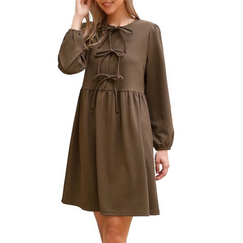 Женские платья INSPIRE CHIC Women's Casual Long Sleeve Self Tie Bow Cute Tunic Fall Babydoll Dress Brown X-Large