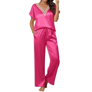 Ekouaer Silk Pajamas Set Womens Lace V Neck Loungewear Short Sleeve Satin Shirt with Long Pant Silky Pjs - 1 of 4