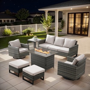 Buenhomino 7PCS Outdoor Patio Furniture Set,PE Wicker Patio Conversation Sets with 41" 50000BTU Fire Pit Table,Swivel Rocking Chairs Set - 1 of 4