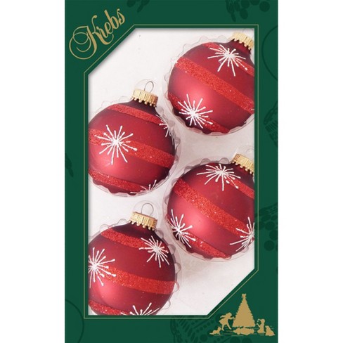 Set Of 4 Red Velvet Glass Ornaments With Starbursts And Stripes