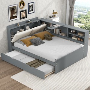1 Full Bed Frame with Storage, Gray Solid Wood Platform with Trundle and Shelves for Bedroom Organization - Baofuwish - 1 of 4