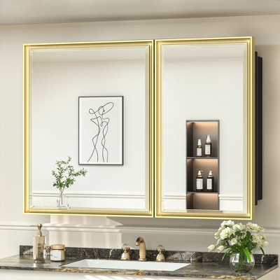Keonjinn 40 in. W x 30 in. H  Metal Framed Gold Rectangular Framed Recessed/Surface Mount with Mirror,Gold