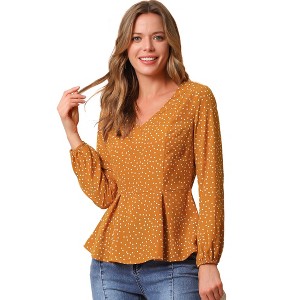 INSPIRE CHIC Women's Vintage V Neck Dots Pleated Long Sleeve Elegant Work Peplum Blouse - 1 of 4