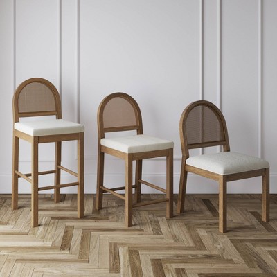 Bailey Cream Boucle and Rattan Back Bar Stool with Solid Wood Legs