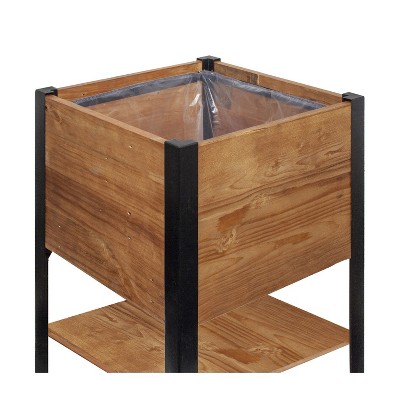 Natural Brown Recycled Pine and Steel Raised Planter Box with Shelf