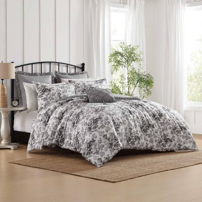 Laura Ashley Toile Delight Gray King 7pc Comforter Sham Bonus Set