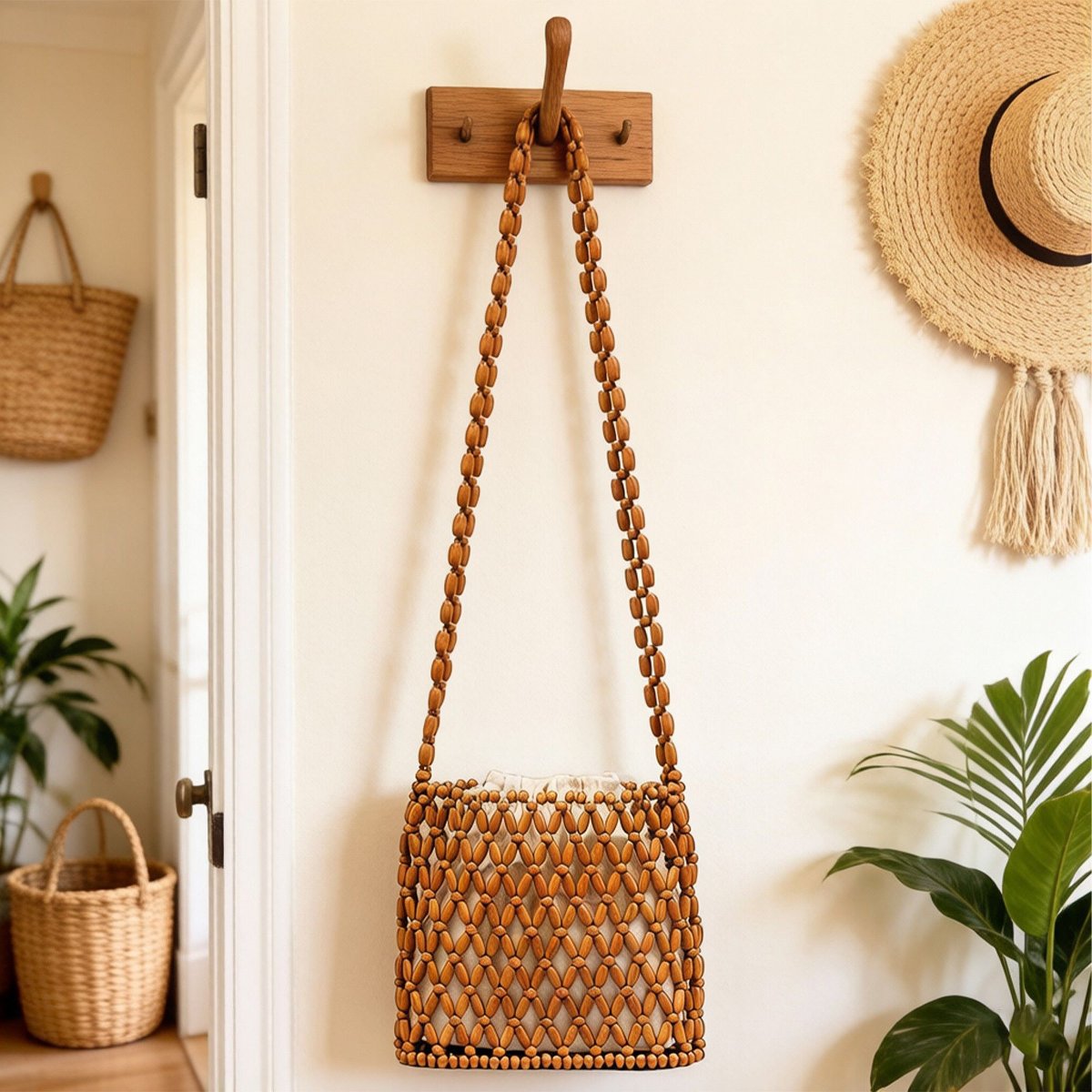 Сумки Alilang Beaded Crossbody Mini Bag with Long Strap Open Weave Wooden Bead Shoulder Purse Lightweight Small Handbag - Coffee — фото 2