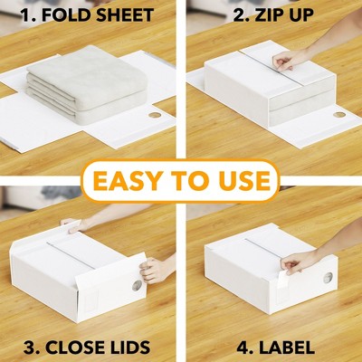 4-Pack Bed Sheet Storage Organizers - Beige Foldable Boxes With Windows & Labels For Closet/Under Bed Organization