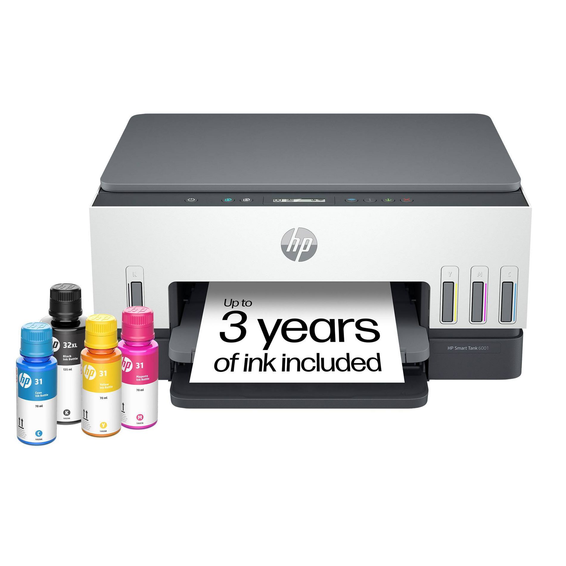 HP Smart Tank 6001 Wireless All-In-One Color Refillable Supertank Printer, Scanner, Copier - White (2H0B9A): Inkjet, Wi-Fi, USB