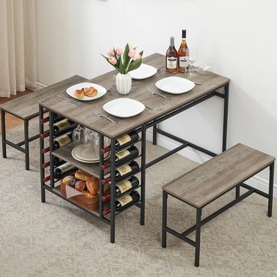 Whizmax Dining Table Set for 4, Kitchen Table Set for 4 with 2 Benches, Rectangular Dining Room Table Set with Wine Rack for Small Space Apartment
