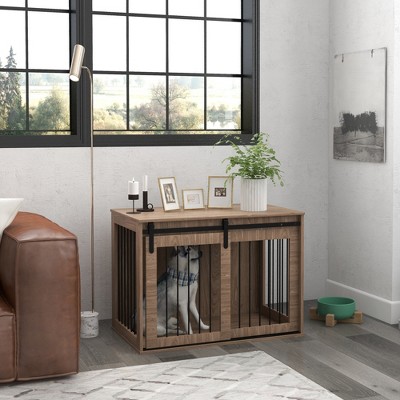 Large Walnut Brown Wooden Dog Crate Table