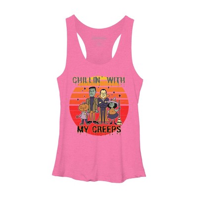 Women's Design By Humans Chillin with my creeps 80's style halloween characters By MerchHQ Racerback Tank Top