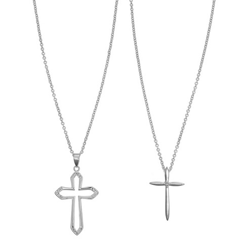 FAO Schwarz Plated Cross Pendant with Crystal Stones Necklace Set