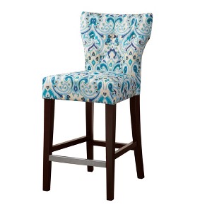 25" Saffron Tufted Back Counter Height Barstool Blue/Yellow: Espresso Wood Legs, Padded Seat - 1 of 4