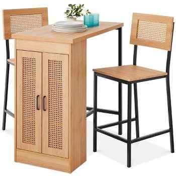 Best Choice Products 3-Piece Counter Height Rattan Dining Table Set w/ 3 Adjustable Storage Shelves, Cabinet Doors