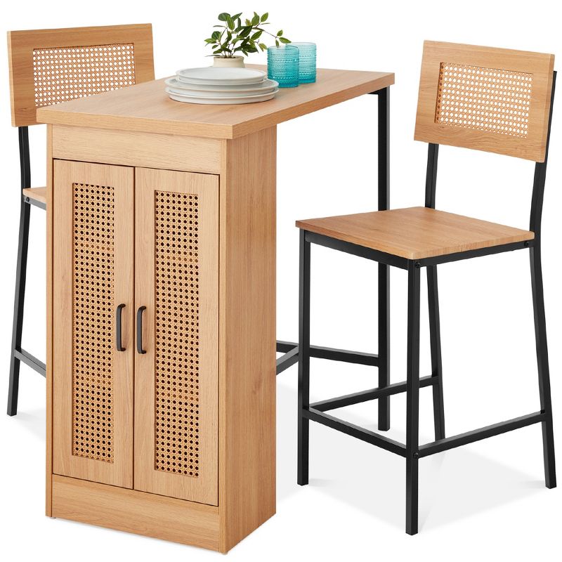 Best Choice Products 3-Piece Counter Height Rattan Dining Table Set w/ 3 Adjustable Storage Shelves, Cabinet Doors, 1 of 9