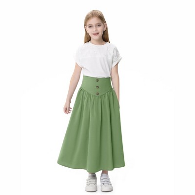Girls Long Skirt High Waist Drawstring Swing Maxi Skirt with Pockets