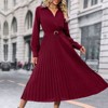 Coolmee Women's Business Casual Shirt Dress Cross Lapel V Neck Solid Color Dresses Long Sleeves Accordion Pleated Midi Dresses with Belt M Red - 2 of 4