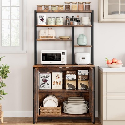64.5" Bakers Rack with Cabinet ¨C Microwave Stand & Tall Bar Cabinet with Adjustable Feet, Freestanding Wine Bar for Kitchen and Living Room