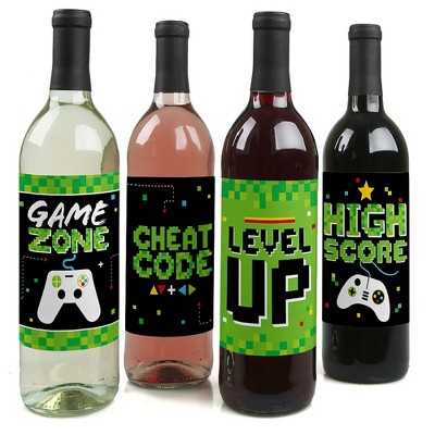 Big Dot of Happiness Game Zone - Pixel Video Game Party or Birthday Party Decorations for Women and Men - Wine Bottle Label Stickers - Set of 4