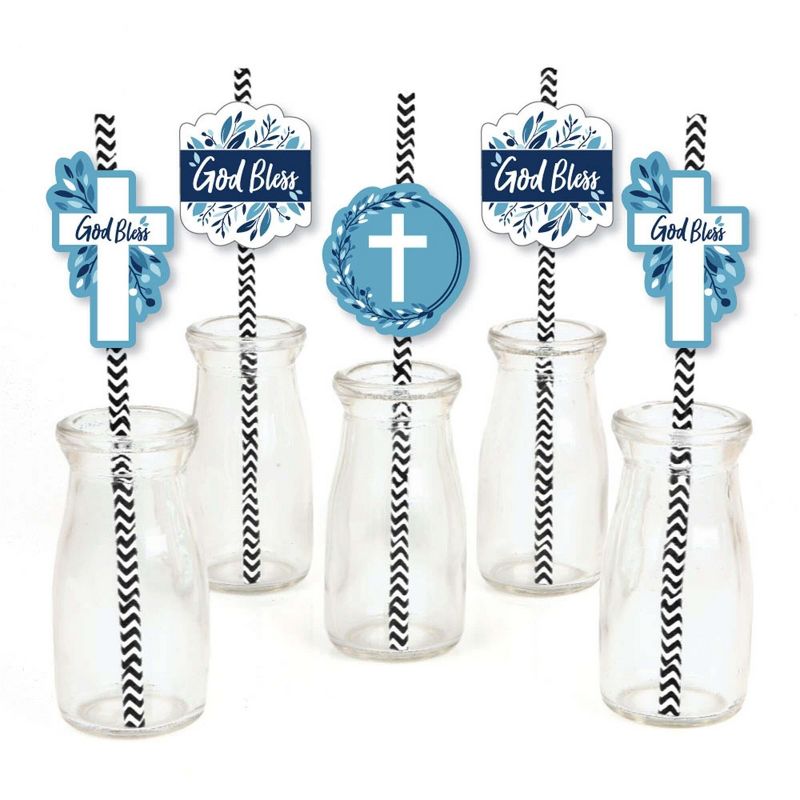 Big Dot of Happiness Blue Elegant Cross - Paper Straw Decor - Boy Religious Party Striped Decorative Straws - Set of 24, 1 of 6