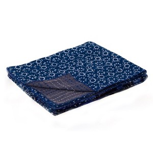 50" X 70" Blue And Off White Geometric Cotton Quilted Kantha Throw Blanket with Embroidery - 1 of 4