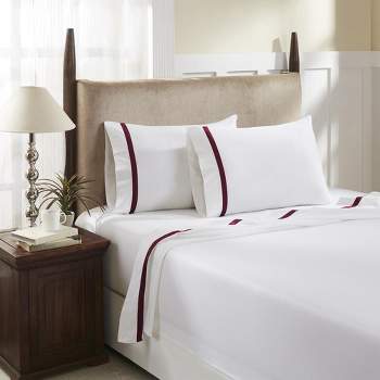 Hotel Concepts 500 Thread Count Deep Pocket Tonal Cotton Sateen Sheet - 4 Piece Set - White/Ruby