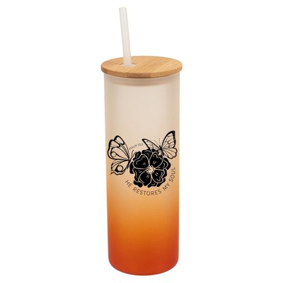 Elanze Designs He Restores My Soul Butterfly Wrap-Around Design 25 Ounce Frosted Gradient Glass On-The-Go Coffee Travel Skinny Tumbler Mug Cup, Bamboo