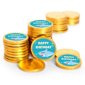 84 Pcs Blue Shark Kid's Birthday Candy Party Favors Chocolate Coins with Gold Foil