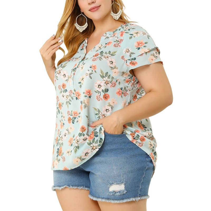 Agnes Orinda Women's Plus Size Floral Ruffle Trim V Neck Button Layered Sleeve Blouses, 1 of 8