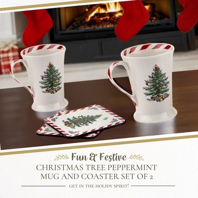 White Ceramic Christmas Tree Peppermint Mug and Coaster Set