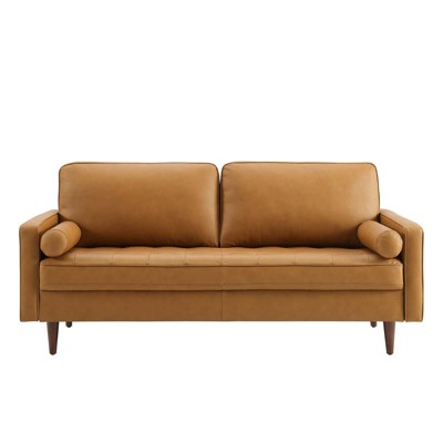 Mid-Century 73'' Tufted Brown Leather Sofa with Walnut Wood Legs