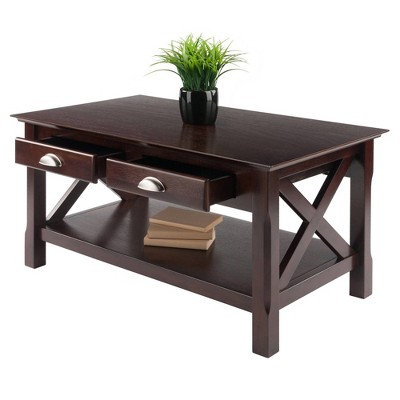 Brown Rectangular Wood Coffee Table with Storage Drawers