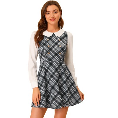 Allegra K Women's Peter Pan Collar Fit And Flare Mini Plaid Tartan