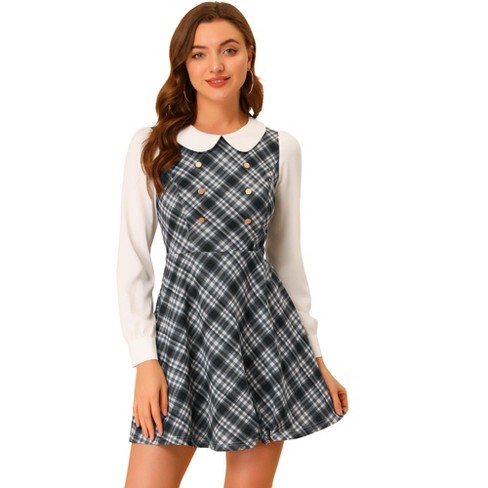 Allegra K Women's Plaid Tartan Button Decor A-Line Pinafore Overall Dress