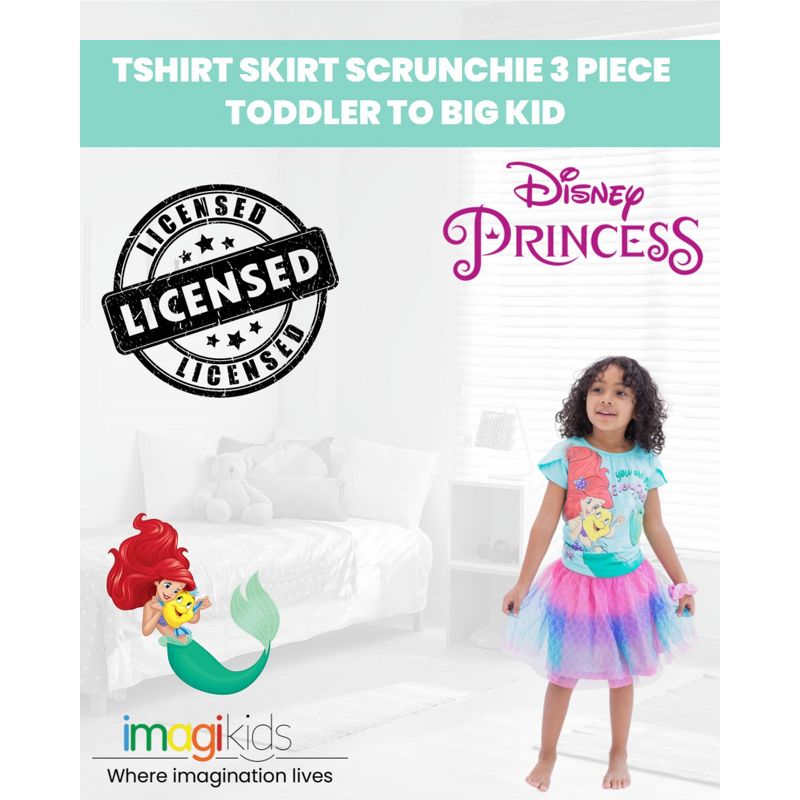 Disney Moana Princess Frozen Rapunzel Jasmine Belle Girls T-Shirt Tulle Skirt and Scrunchie 3 Piece Outfit Set Toddler, 2 of 9