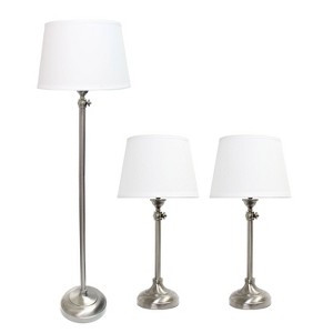 Set of 3 Adjustable Lamp Set (2 Table Lamps and 1 Floor Lamp) Metallic Silver - Elegant Designs: Brushed Nickel Finish, White Shades - 1 of 4