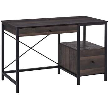 HOMCOM Industrial Style Home Office Desk with Filing Cabinet Storage Drawer for Letter Size Papers and Steel Frame, Black/Walnut