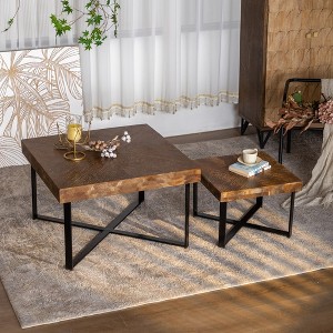 31.3"Modern Retro Splicing Square Coffee Table , Fir Wood Table Top with Cross Legs Metal Base (Set of 2 pcs ) - 1 of 4