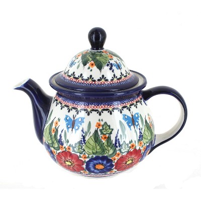 Blue Rose Polish Pottery Floral Butterfly Large Teapot