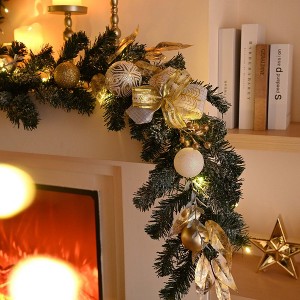 MOEPISY 9 Feet Pre-Lit Christmas Garland with Light for Mantle, Lighted Outdoor Xmas Garland with White Gold Ball Ribbon - 1 of 4