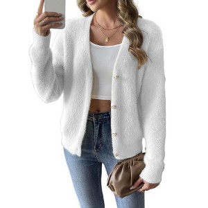 Coolmee Womens Fuzzy Cardigan Sweater V Neck Long Sleeve Button Down Casual Furry Knit Sweater Coat - 1 of 4