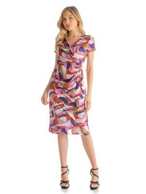 Womens Abstract Pattern Short Sleeves Knee-length Faux Wrap Dress : Target