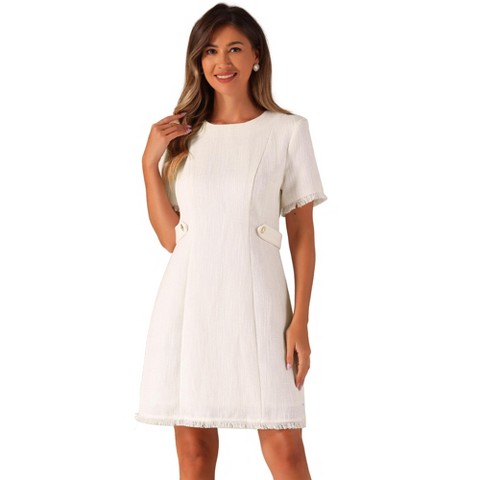 Женские платья INSPIRE CHIC Women's Tweed Round Neck Short Sleeves Work Elegant Casual A-line Midi Dress White Medium