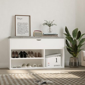 Shoe Storage Bench with Padded Seat, Flip-Open Entryway Bench with Hidden Compartment | Wooden Shoe Rack for Hallway, Living Room & Bedroom - 1 of 4