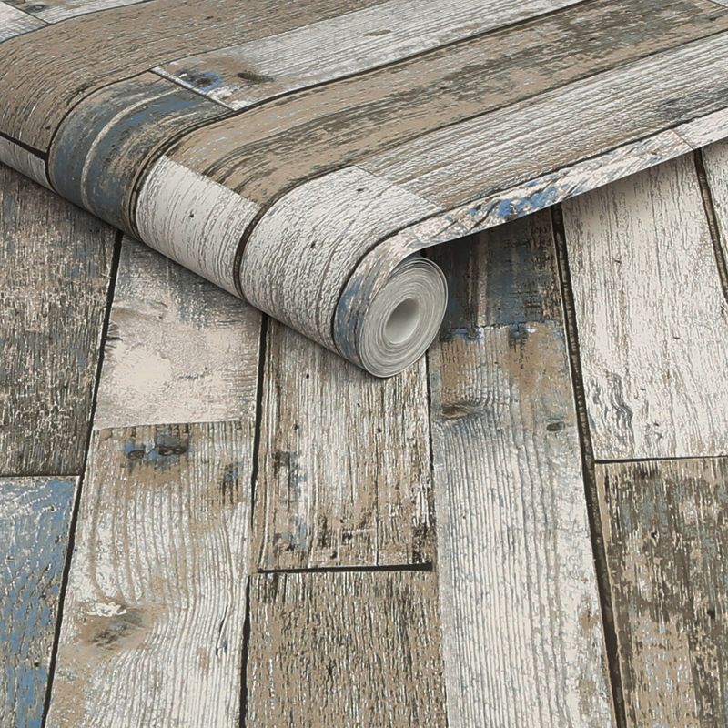 NEXT Distressed Wood Plank Neutral Blue Wallpaper, 3 of 7